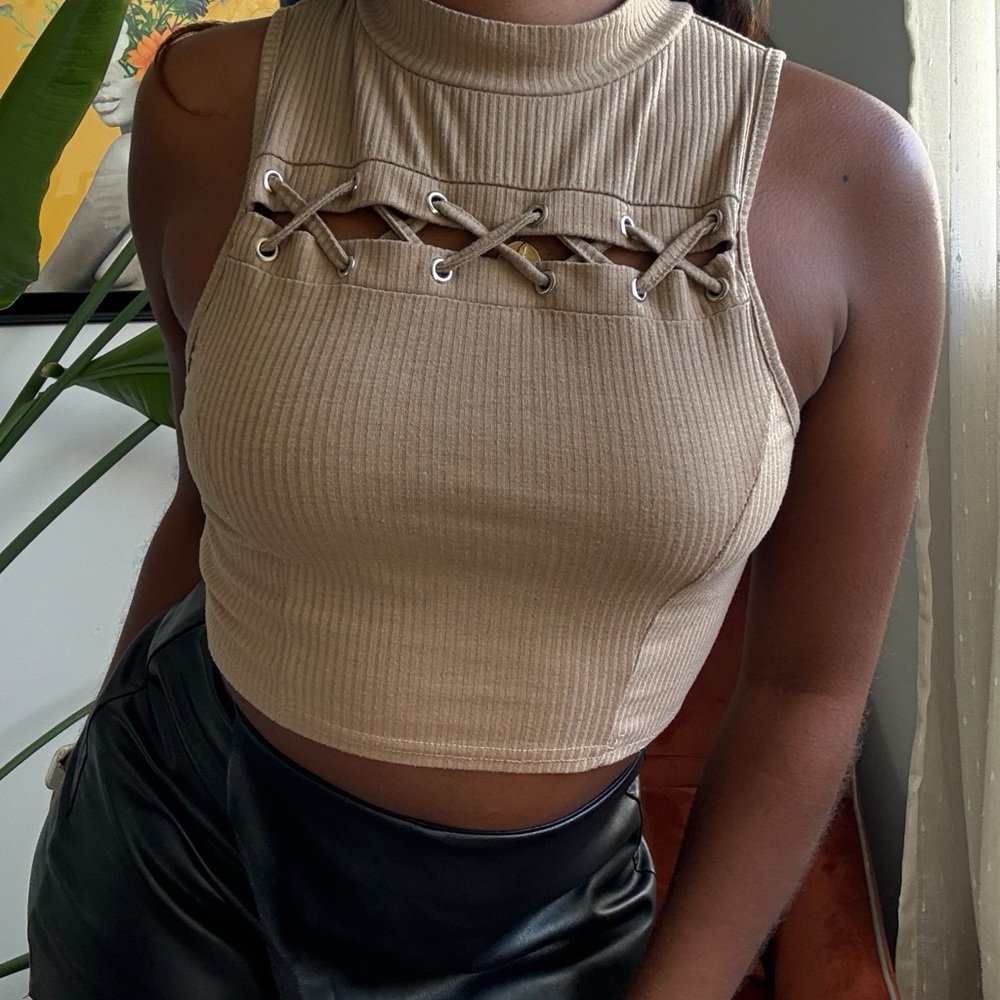 Beige Tie Cutouts Tank Top